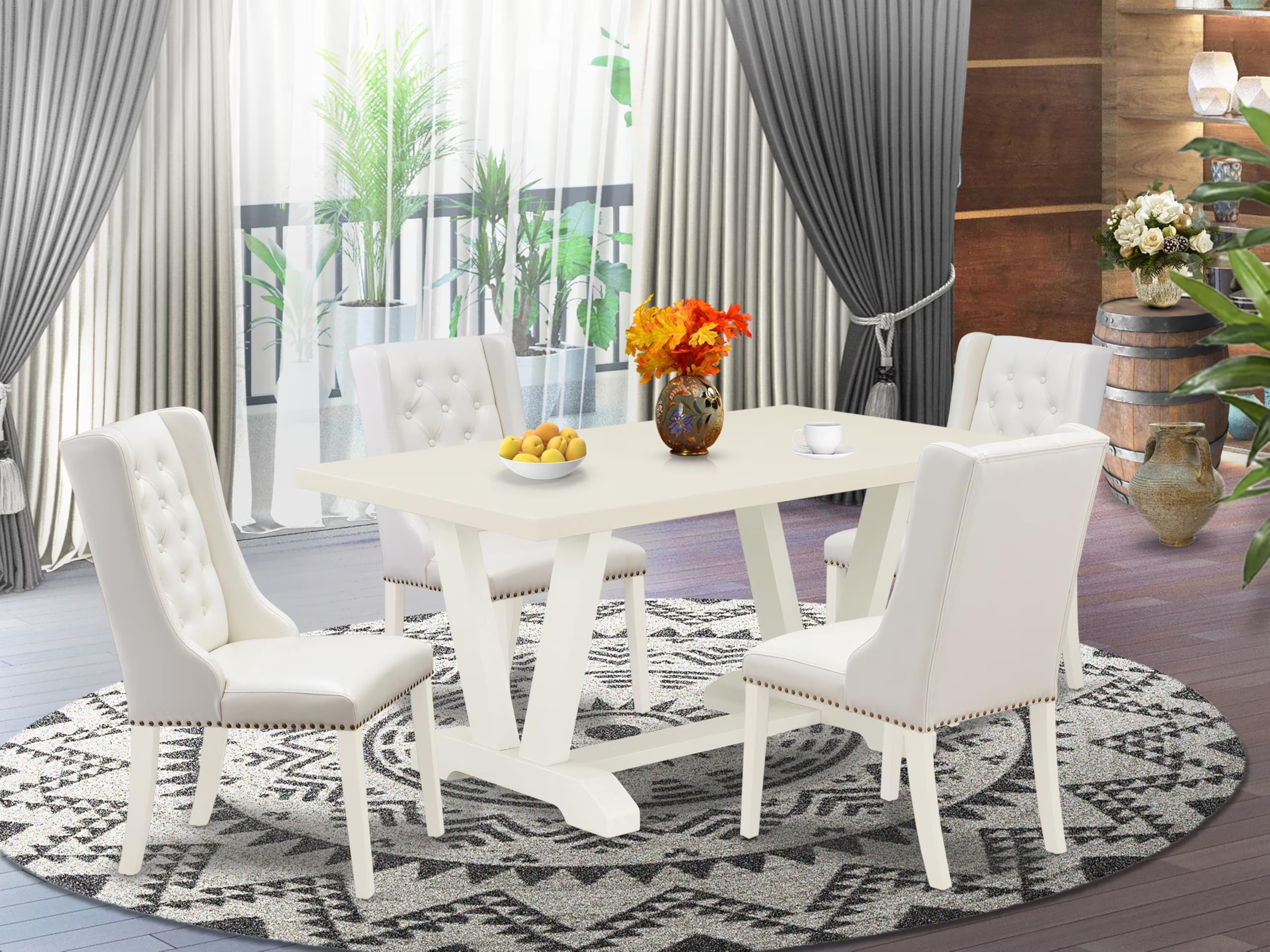 East West Furniture V026FO244-5 5 Piece Dining Table Set for 4 Includes a Rectangle Kitchen Table with V-Legs and 4 Light grey Faux Leather Upholstered Chairs, 36x60 Inch, Multi-Color